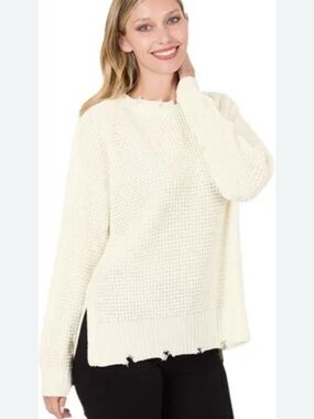 Zenana Ivory Distressed Waffle Knit Women’s Sweater